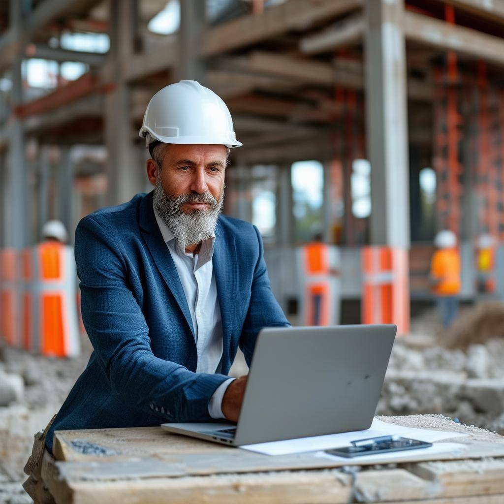 Businessman working on laptop at construction site